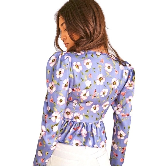 Forever 21 Satin Empire Waist Puff Long Sleeve V Neck Top Lavender Floral NWT - Picture 8 of 12